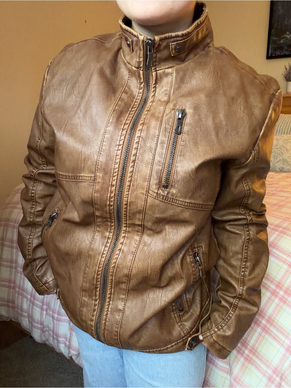 Brown Leather Jacket with Zipper Pockets